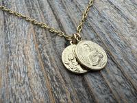 Gold St Gerard & St Colette Cluster Necklace, Patron Saints of Fertility and Expectant Mothers, Antique Replicas of French Medals Pendants