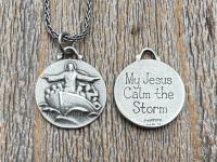 Antiqued Sterling Silver Jesus Calms the Storm Pendant, Antique Replica of Rare Medallion, Hand Engraved "My Jesus Calm the Storm", Necklace