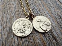 Gold St Gerard & St Colette Cluster Necklace, Patron Saints of Fertility and Expectant Mothers, Antique Replicas of French Medals Pendants