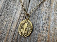 Antiqued Gold (non-maintenance) Large French Miraculous Medal with Fancy Ring, Antique Replica Signed by PCH & JB, Medallion from France MM1