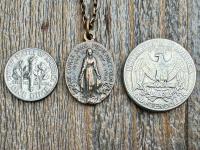 Bronze Oval French Miraculous Medal Pendant, Antique Replica of Rare Adolph Penin Signed Miraculous Medallion from France, Antiqued