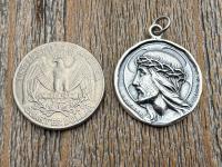 Sterling Silver Jesus Christ Pendant Medallion, Our Lord with Crown of Thorns, French Antique Replica Medal, Artists Augis & Mazzoni France