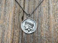 Sterling Silver Jesus Christ Pendant Medallion, Our Lord with Crown of Thorns, French Antique Replica Medal, Artists Augis & Mazzoni France