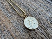 Gold St Gerard Majella Medal on Box Chain Necklace, French Antique Reproduction, Patron Saint of Expectant Mothers and Saint of Fertility