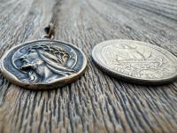 Bronze Jesus Christ Pendant Round Medallion, Our Lord with Crown of Thorns, French Antique Replica Medal, Artists Augis & Mazzoni France