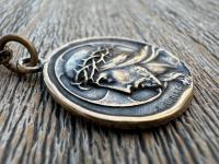 Bronze Jesus Christ Pendant Round Medallion, Our Lord with Crown of Thorns, French Antique Replica Medal, Artists Augis & Mazzoni France