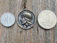 Bronze Jesus Christ Pendant Round Medallion, Our Lord with Crown of Thorns, French Antique Replica Medal, Artists Augis & Mazzoni France