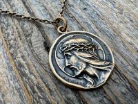 Bronze Jesus Christ Pendant Round Medallion, Our Lord with Crown of Thorns, French Antique Replica Medal, Artists Augis & Mazzoni France