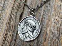 Sterling Silver Jesus Christ Pendant Medallion, Our Lord with Crown of Thorns, French Antique Replica Medal, Artists Augis & Mazzoni France