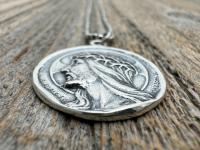 Sterling Silver Jesus Christ Pendant Medallion, Our Lord with Crown of Thorns, French Antique Replica Medal, Artists Augis & Mazzoni France