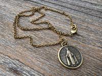 Antiqued Gold Round Miraculous Medal Pendant, Antique Replica of Rare JB & PCH Signed Circle Medallion, Artists Balme and Chambault Necklace