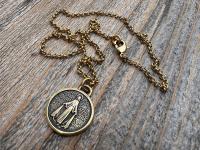 Antiqued Gold Round Miraculous Medal Pendant, Antique Replica of Rare JB & PCH Signed Circle Medallion, Artists Balme and Chambault Necklace