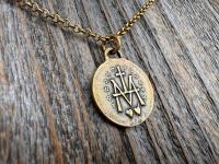 Antiqued Gold Round Miraculous Medal Pendant, Antique Replica of Rare JB & PCH Signed Circle Medallion, Artists Balme and Chambault Necklace