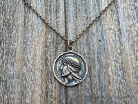 Bronze Jesus Christ Pendant Round Medallion, Our Lord with Crown of Thorns, French Antique Replica Medal, Artists Augis & Mazzoni France