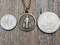Antiqued Gold Round Miraculous Medal Pendant, Antique Replica of Rare JB & PCH Signed Circle Medallion, Artists Balme and Chambault Necklace