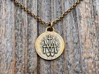Antiqued Gold Round Miraculous Medal Pendant, Antique Replica of Rare JB & PCH Signed Circle Medallion, Artists Balme and Chambault Necklace
