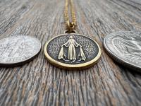 Antiqued Gold Round Miraculous Medal Pendant, Antique Replica of Rare JB & PCH Signed Circle Medallion, Artists Balme and Chambault Necklace