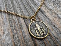 Antiqued Gold Round Miraculous Medal Pendant, Antique Replica of Rare JB & PCH Signed Circle Medallion, Artists Balme and Chambault Necklace