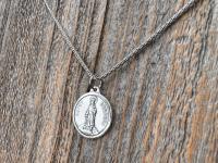 Shiny Oxidized Sterling Silver St. Dymphna Medallion, Antique Replica Medal Pendant, Saint of Anxiety, Mental Illness, Chain Necklace Option