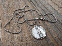 Shiny Oxidized Sterling Silver St. Dymphna Medallion, Antique Replica Medal Pendant, Saint of Anxiety, Mental Illness, Chain Necklace Option