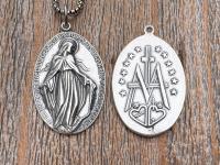 Large Shiny Oxidized .925 Sterling Silver Miraculous Medal Pendant, Antique Reproduction Unusual Oval Blessed Mother Medallion, Artist PY