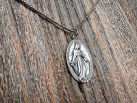 Large Shiny Oxidized .925 Sterling Silver Miraculous Medal Pendant, Antique Reproduction Unusual Oval Blessed Mother Medallion, Artist PY