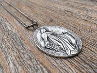 Large Shiny Oxidized .925 Sterling Silver Miraculous Medal Pendant, Antique Reproduction Unusual Oval Blessed Mother Medallion, Artist PY