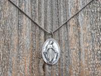 Large Shiny Oxidized .925 Sterling Silver Miraculous Medal Pendant, Antique Reproduction Unusual Oval Blessed Mother Medallion, Artist PY