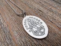 Large Shiny Oxidized .925 Sterling Silver Miraculous Medal Pendant, Antique Reproduction Unusual Oval Blessed Mother Medallion, Artist PY