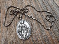 Large Shiny Oxidized .925 Sterling Silver Miraculous Medal Pendant, Antique Reproduction Unusual Oval Blessed Mother Medallion, Artist PY