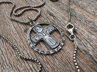 Sterling Silver Rare 5-Way Small Framed Oval, Antique Replica Cross Medal Scapular, Sacred Heart, Miraculous Medal, Holy Spirit, St Christop