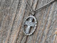 Sterling Silver Rare 5-Way Small Framed Oval, Antique Replica Cross Medal Scapular, Sacred Heart, Miraculous Medal, Holy Spirit, St Christop