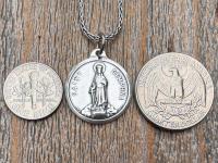 Shiny Oxidized Sterling Silver St. Dymphna Medallion, Antique Replica Medal Pendant, Saint of Anxiety, Mental Illness, Chain Necklace Option