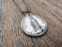 Shiny Oxidized Sterling Silver St. Dymphna Medallion, Antique Replica Medal Pendant, Saint of Anxiety, Mental Illness, Chain Necklace Option