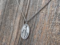 Large Shiny Oxidized .925 Sterling Silver Miraculous Medal Pendant, Antique Reproduction Unusual Oval Blessed Mother Medallion, Artist PY
