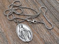 Large Shiny Oxidized .925 Sterling Silver Miraculous Medal Pendant, Antique Reproduction Unusual Oval Blessed Mother Medallion, Artist PY