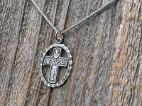 Sterling Silver Rare 5-Way Small Framed Oval, Antique Replica Cross Medal Scapular, Sacred Heart, Miraculous Medal, Holy Spirit, St Christop