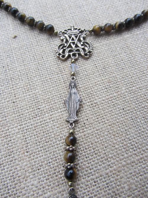 Comfort Cross Rosary, Australian Lacewood Palm Cross, Yellow Tigereye Gemstones, Ave Maria Bronze Center, Bronze Miraculous Medal Mary Beads