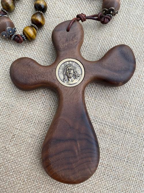 Walnut ByRon PalmCross with Face of Christ Medallion Bronze Antique Replica & Yellow Tigereye Gemstone Rosary Palm Comfort Cross Wall Rosary