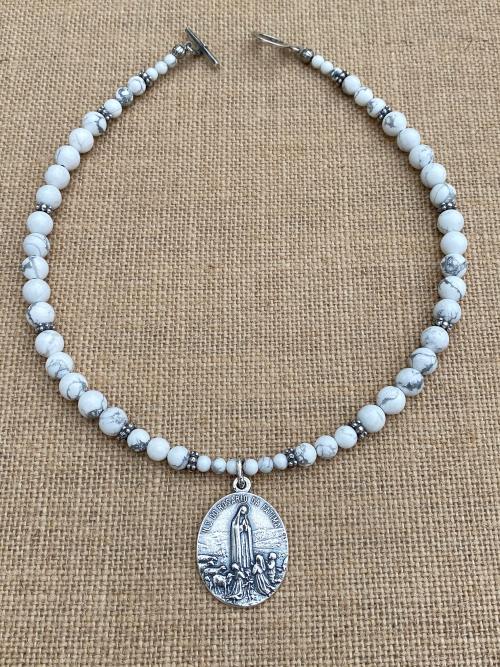 Sterling Silver Our Lady of Fatima Medal Pendant, Antique Replica, White Howlite Gemstone Necklace, Our Lady of the Rosary, Virgin Mary