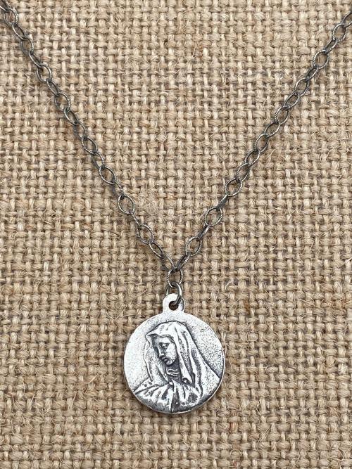 Sterling Silver St. Peregrine Laziosi (Patron Saint of Cancer Patients) Medal Necklace Reversible Sorrowful Mary Peregrinus Pellegrino