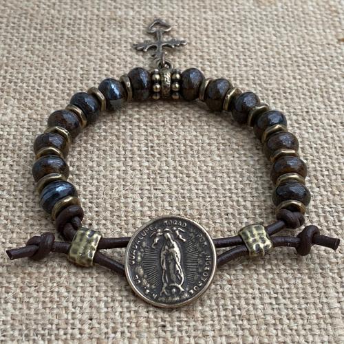 Bronze Our Lady of Guadalupe Medal, Bronze Mexican Cross Charm, Antique Replicas, Nuestra Señora de Guadalupe, Virgin of Guadalupe Bracelet