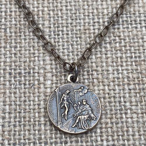 Bronze St. Peregrine Laziosi Medal Pendant Necklace, Patron Saint of Cancer, Saint Peregrinus, St Pellegrino, Delicate Textured Cable Chain