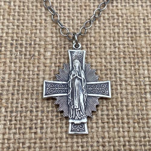 Sterling Silver Radiant Mary Cross Medal Pendant, Antique Replica, Adjustable Length Necklace, Blessed Virgin Mary, Our Lady of Guadalupe