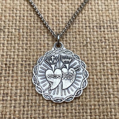 Sterling Silver Antique Replica Sacred Heart of Jesus and Immaculate Heart of Mary Twin Hearts Medal Necklace 18 Inches Lima Marian Mary