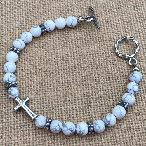 Sterling Silver Sideways Cross on a White Howlite Gemstone Beaded Bracelet, Antique Replica Cross & Textured Beads, Toggle Clasp Bracelet