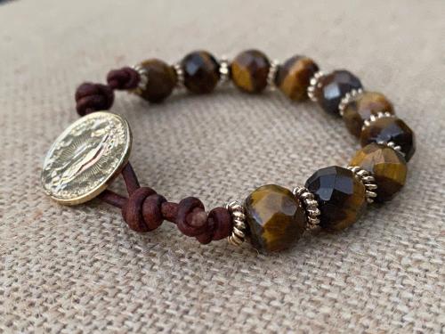 Gold Our Lady of Guadalupe Leather Bracelet, Yellow Tigereye Beads, Antique Replica Medal, Nuestra Señora de Guadalupe, Virgin of Guadalupe