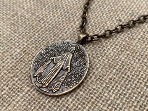 Bronze French Miraculous Medal Pendant, Adjustable Length Necklace, Antique Replica, Immaculate Conception, Large Miraculous Medallion, MM1