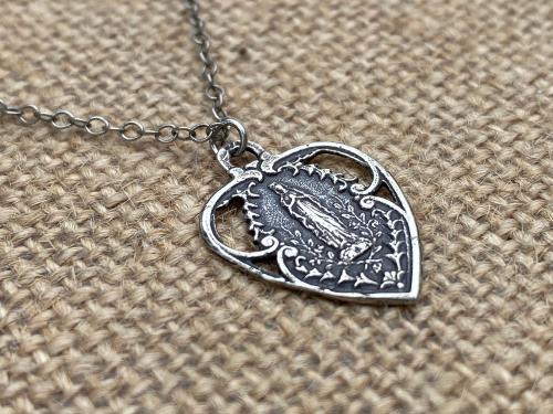 Sterling Silver Our Lady of Lourdes Heart Medal, Antique Replica, Pendant Necklace, Blessed Virgin Mary, French Marian Medal, From France