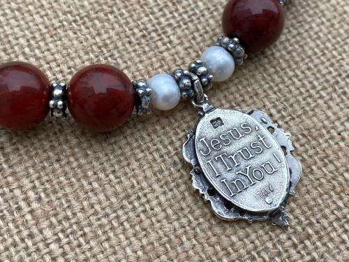 Sterling Silver Divine Mercy Chaplet Rosary Bracelet, Antique Replica, Divine Mercy Medal, St Faustina, Jasper Gemstones & Freshwater Pearls